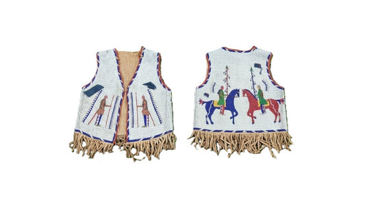 Powwow beaded vest with horse and rider patterns on a white background