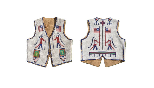 Powwow beaded vest with American flag and figure design on a white background