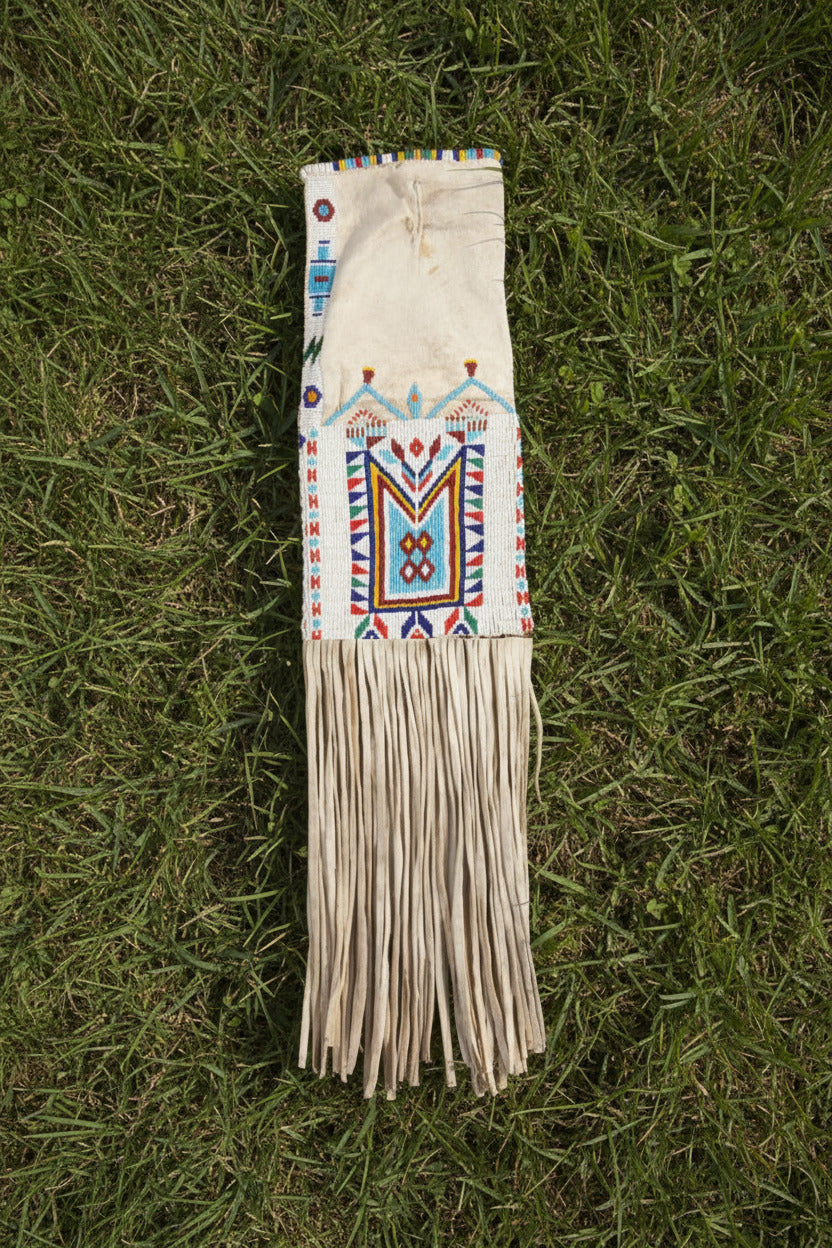 Traditional Native American pipe bag with intricate beadwork on a white background