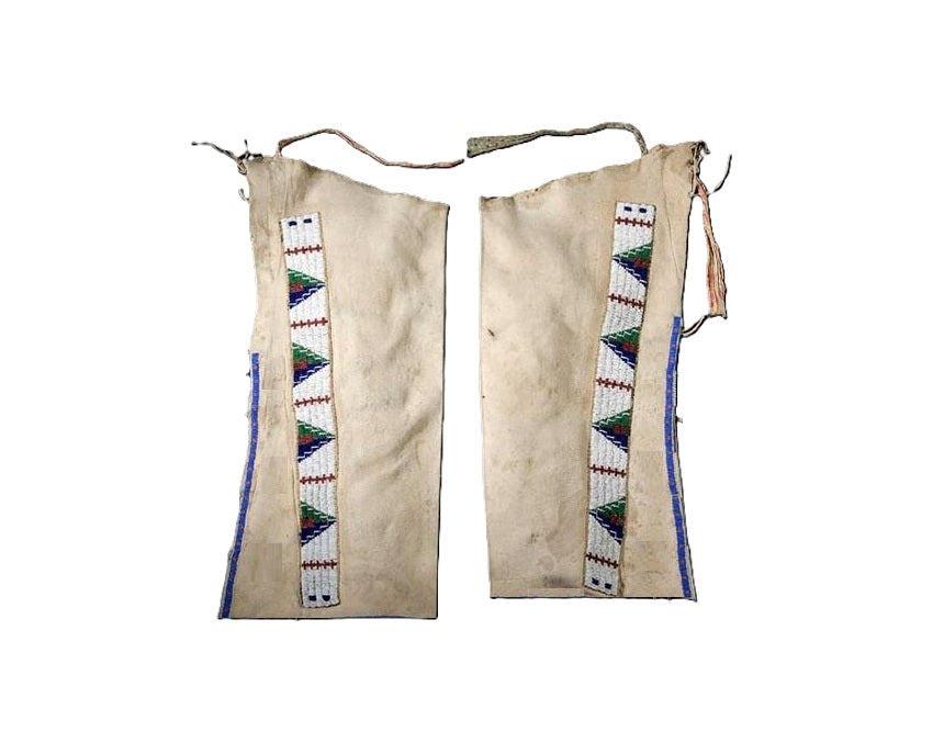 Native American Beaded Chaps for Powwow with decorative patterns on a white background