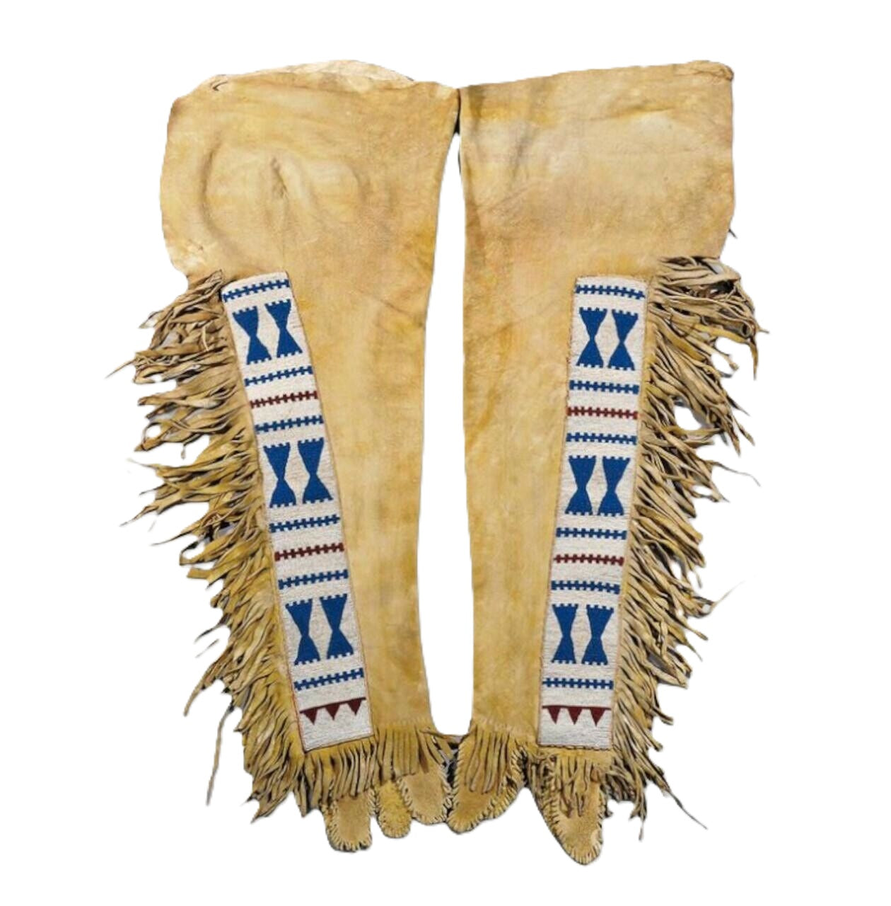 Pair of Native American-style leggings with fringes and decorative patterns on a white background