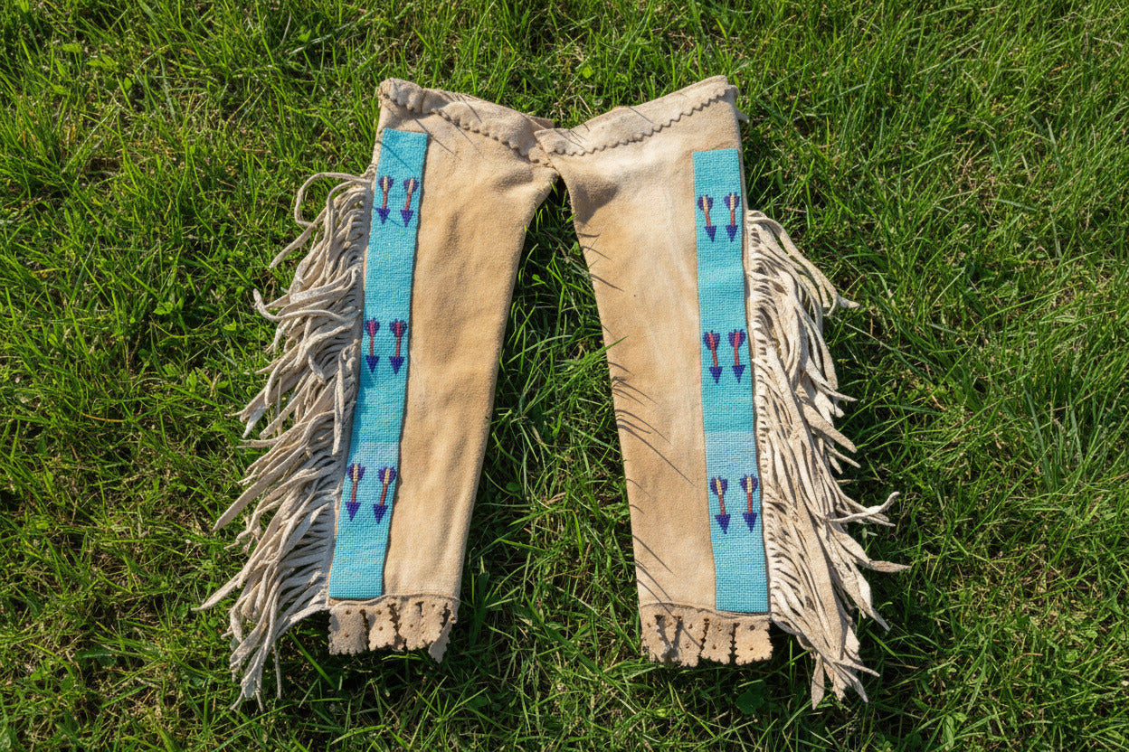 Pair of fringed leather leggings with blue bands and arrow designs on a white background