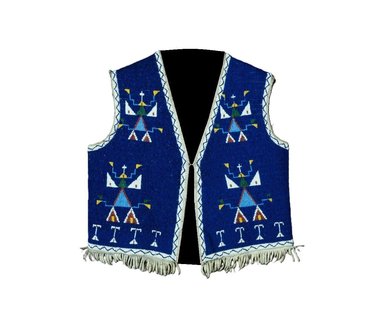 Blue vest with geometric patterns and fringes on a white background