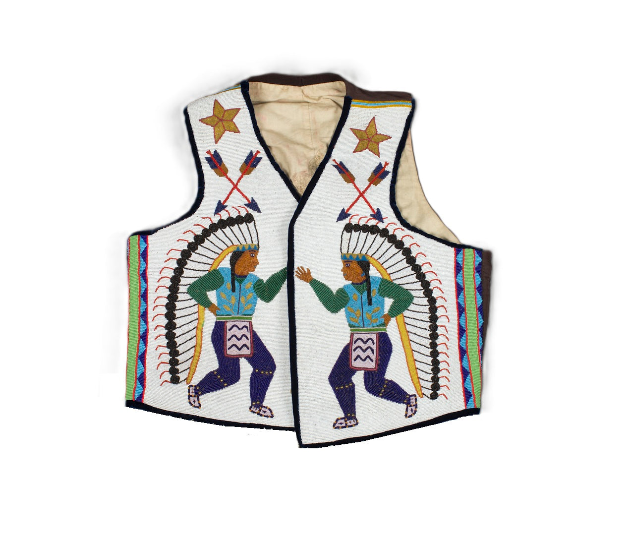 Decorative vest with Native American designs on a white background