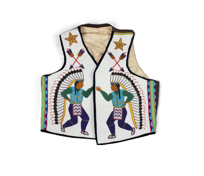 Decorative vest with Native American designs on a white background