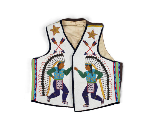 Decorative vest with Native American designs on a white background