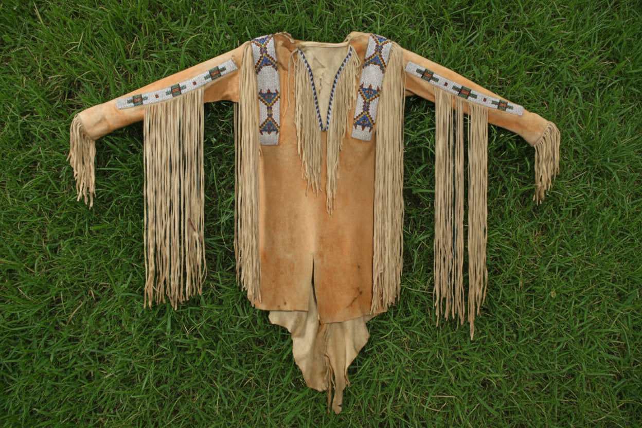 Traditional Native American War Shirt with fringes and bead work on a Grassy background
