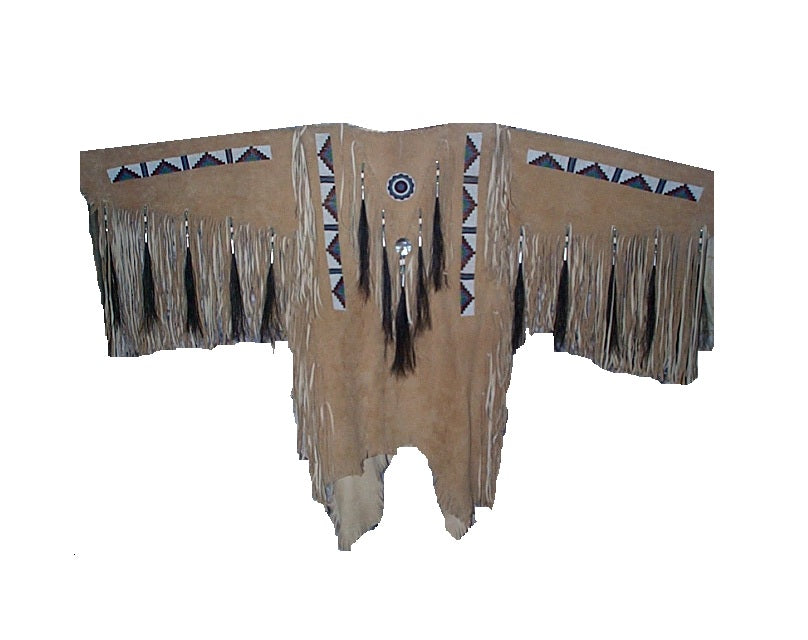 Traditional Native American garment with fringes and patterns on a white background