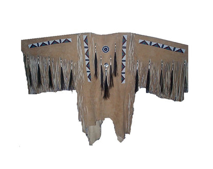 Traditional Native American garment with fringes and patterns on a white background