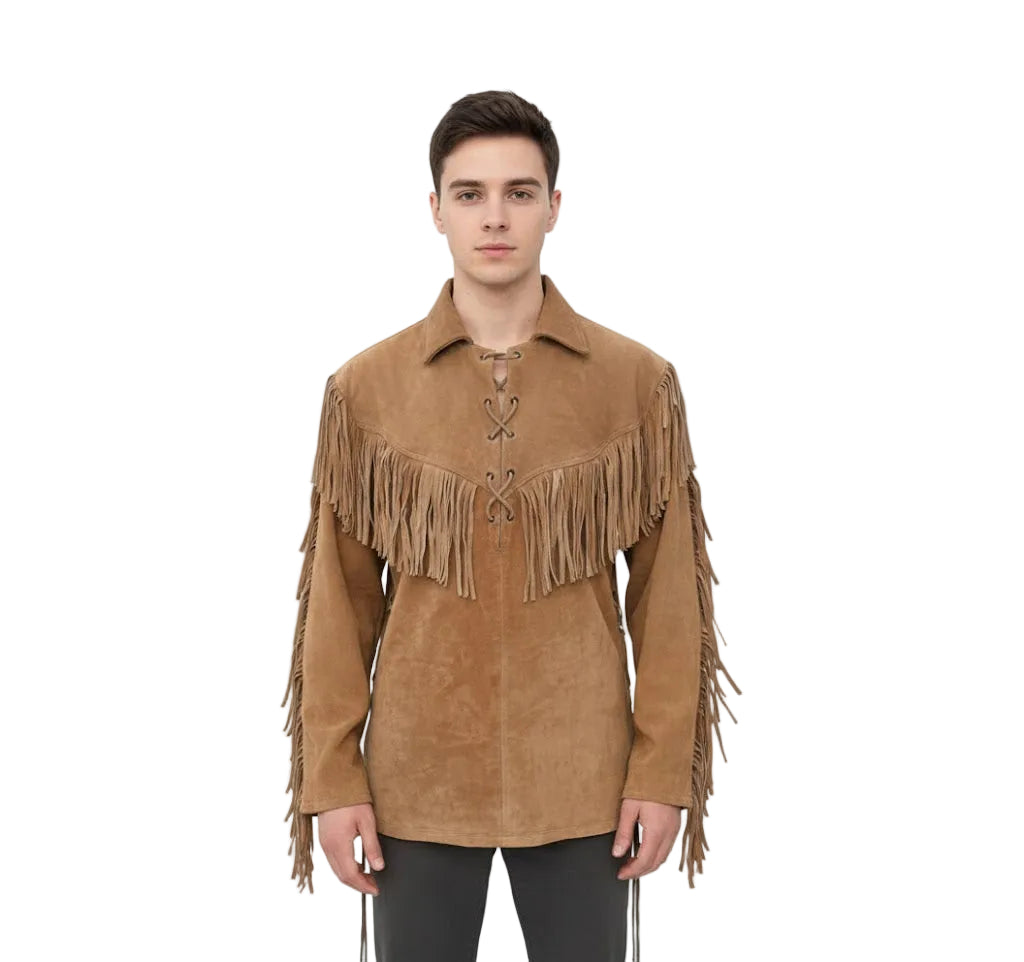 Man wearing a brown suede fringe Shirt on a white background
