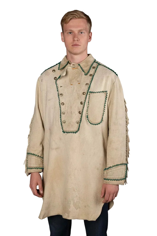 Man wearing a beige traditional outfit with green embroidery on a white background