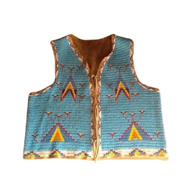 blue beaded Vest with tribal patterns on a white background