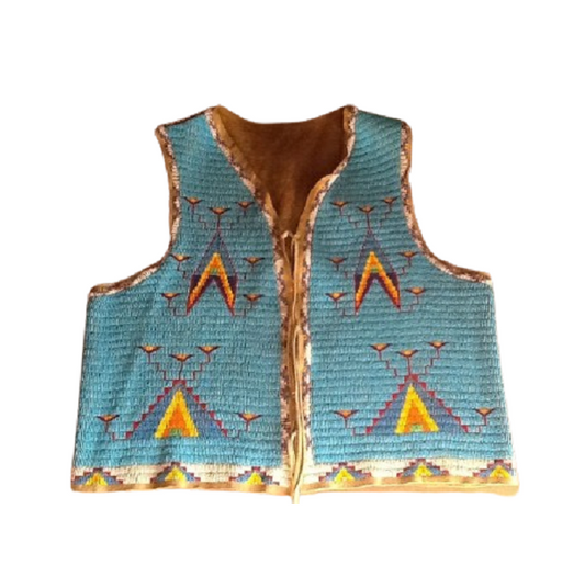 blue beaded Vest with tribal patterns on a white background