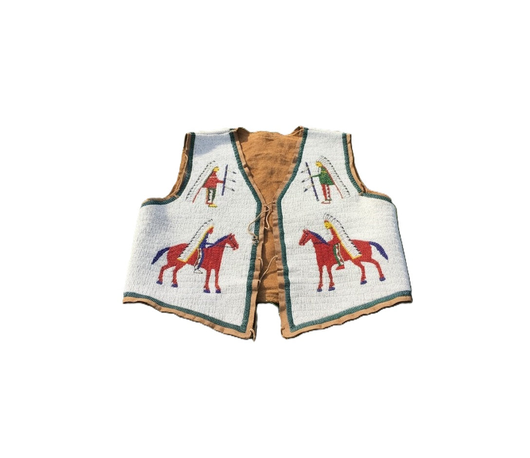 Decorative vest with embroidered designs of horses and riders on a white background