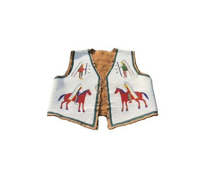 Decorative vest with embroidered designs of horses and riders on a white background