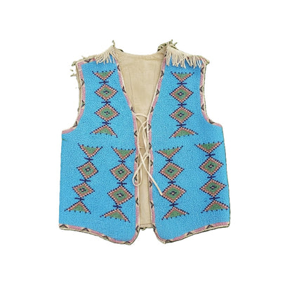 Blue beaded vest with geometric patterns on a white background