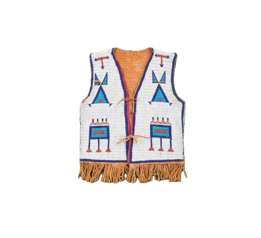 Traditional patterned vest with fringes on a white background