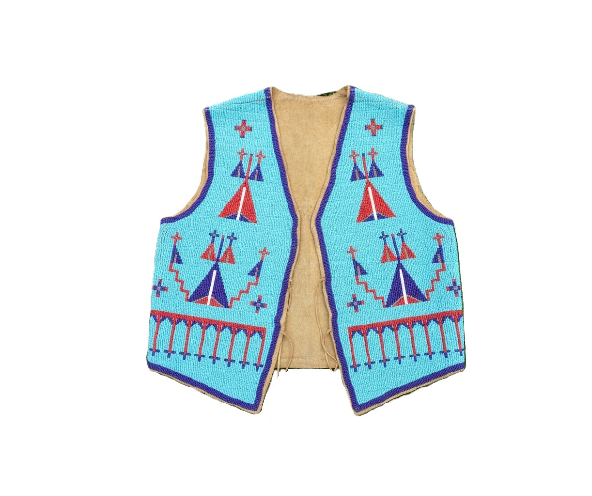 Decorative beaded vest with blue pattern on a white background