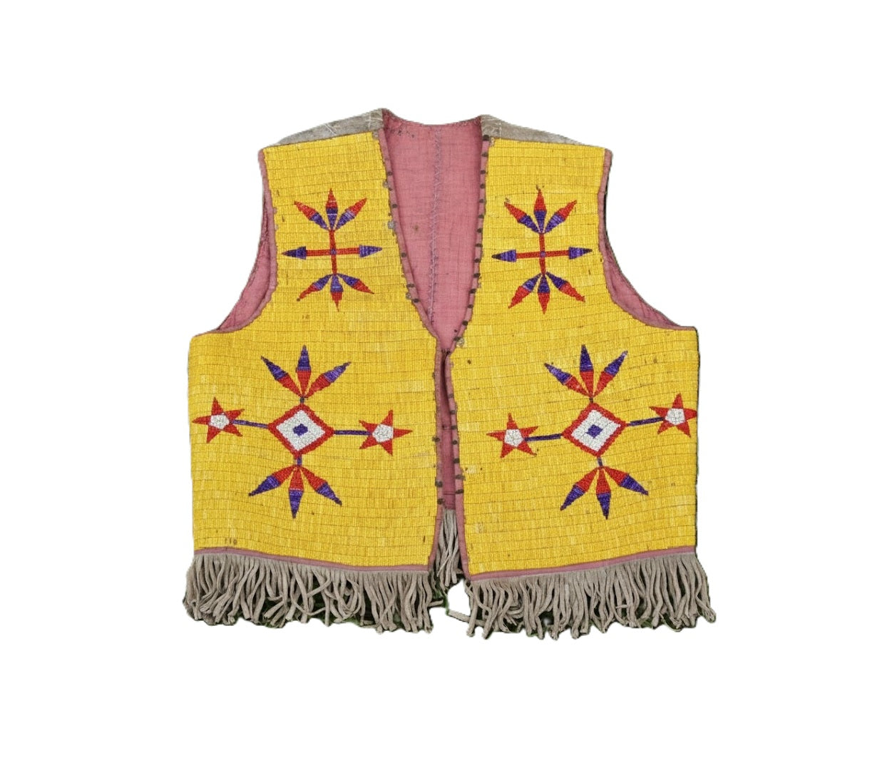 Yellow beaded vest with decorative patterns and fringes on a white background