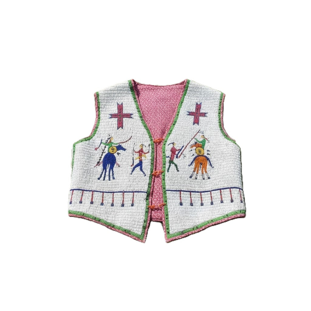 beaded vest with colorful horse warrior riders designs on a white background