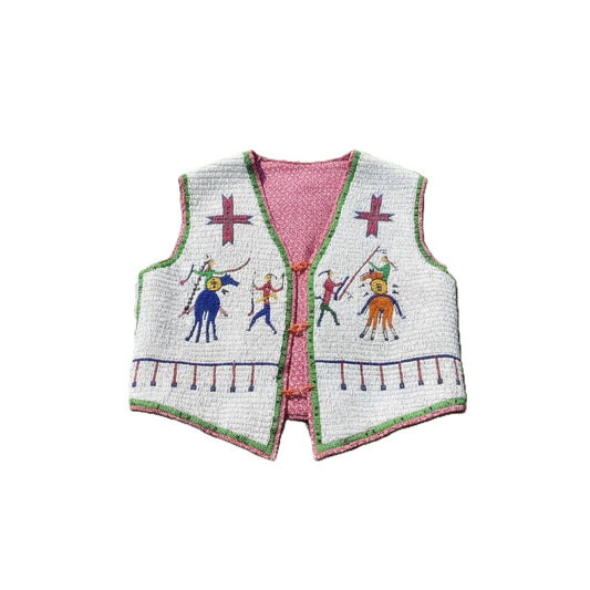 beaded vest with colorful horse warrior riders designs on a white background