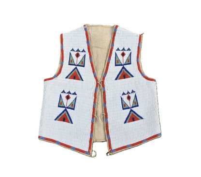 Traditional Native American vest with geometric patterns on a white background