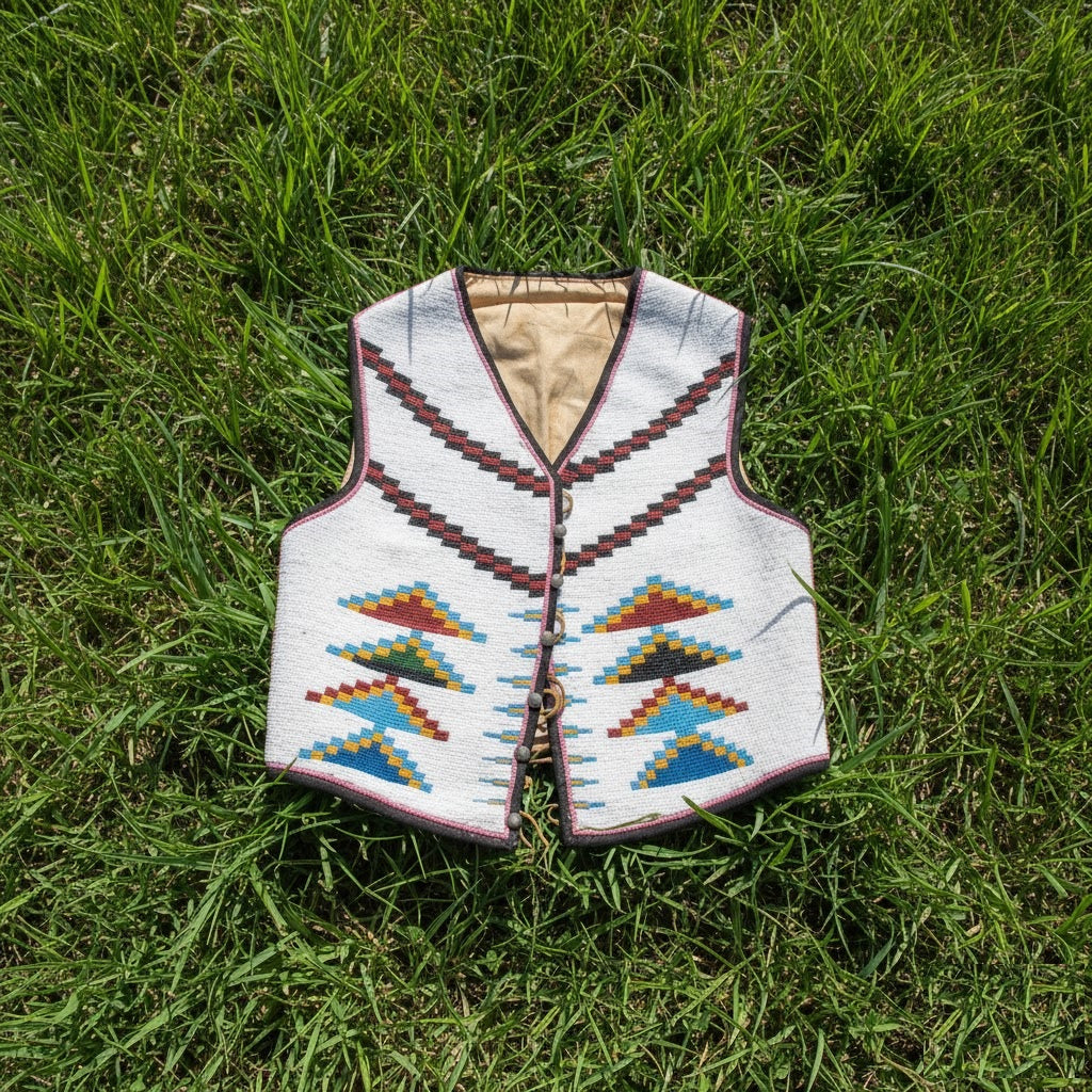 Traditional patterned powwow vest on grass