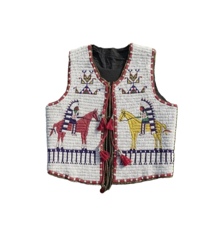 Decorative vest with horse and rider design on a white background