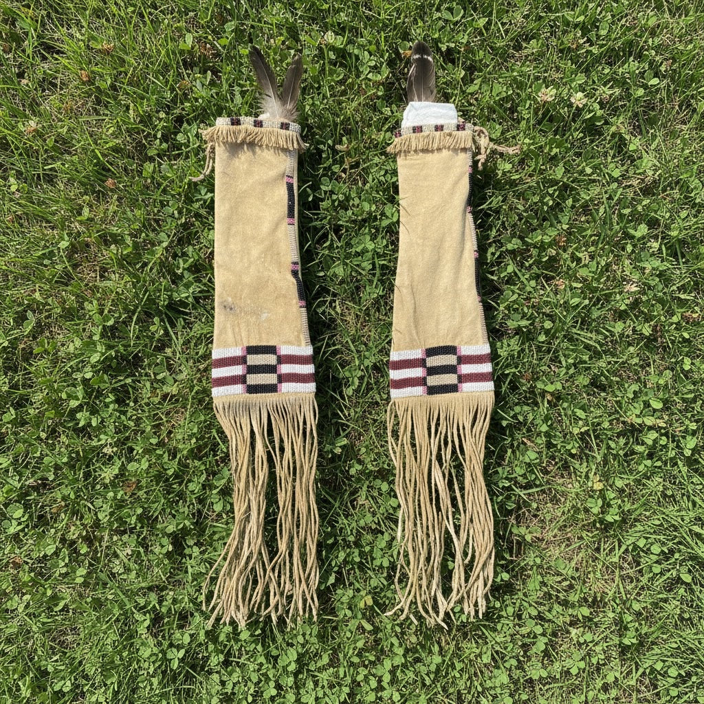 Two decorative Pipe Bag with fringes and feathers on a grassy background