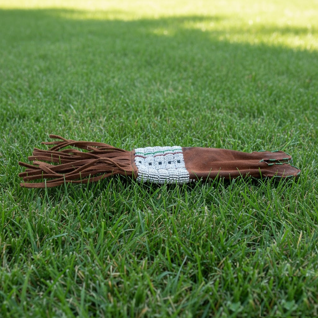 Brown leather Pipe Bag with decorative band on grass