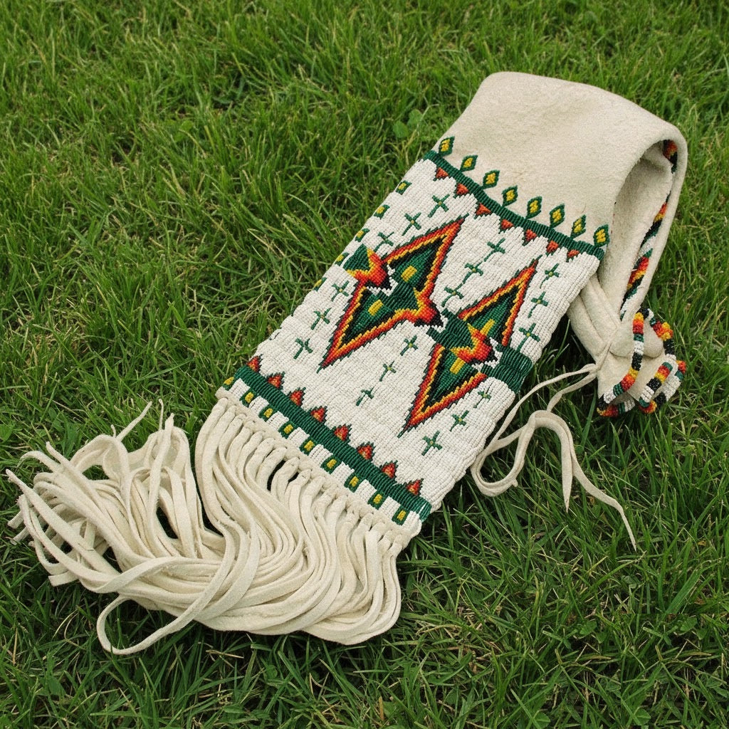Decorative Pipe Bag with geometric patterns on grass 