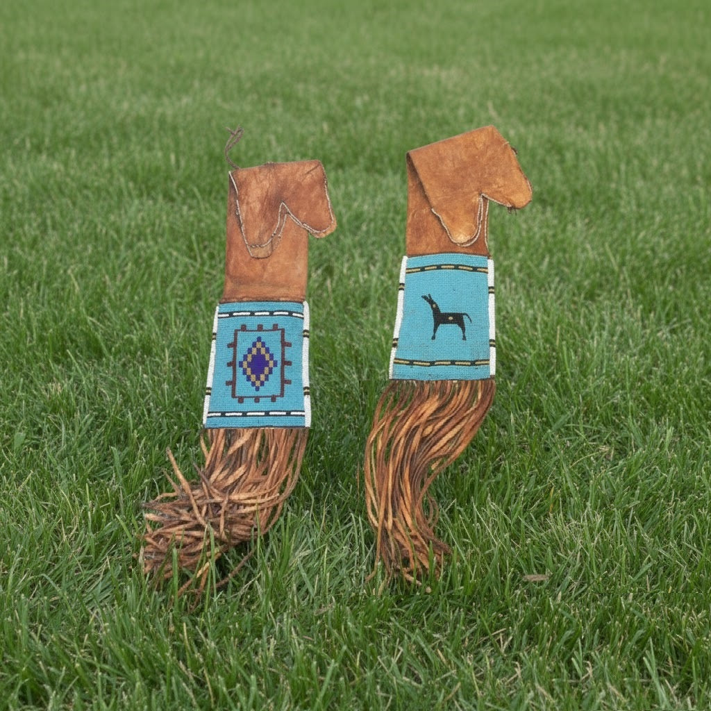 Two decorative horse pipe bag with patterned handles on a grassy background
