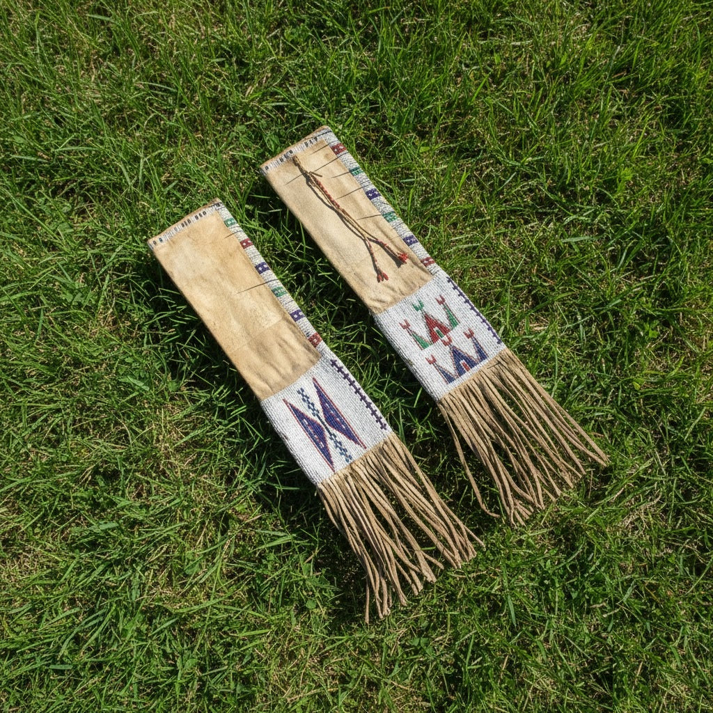 Two decorative pipe bags with patterned handles on a grassy background