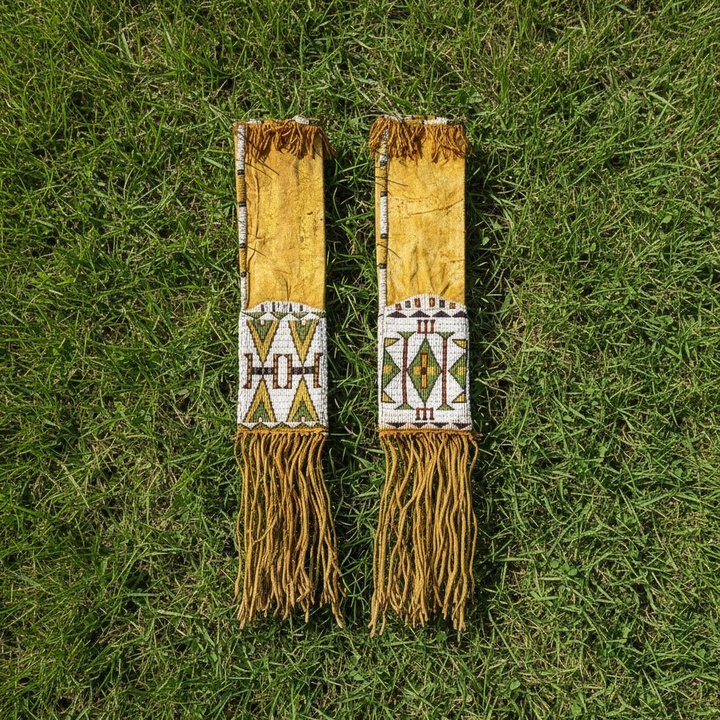 Two decorative leather strips pipe bags with beadwork and fringes on a grass background