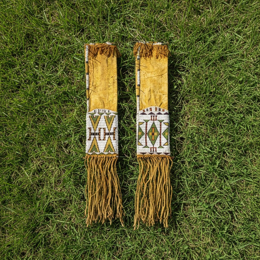Two decorative leather strips pipe bags with beadwork and fringes on a grass background
