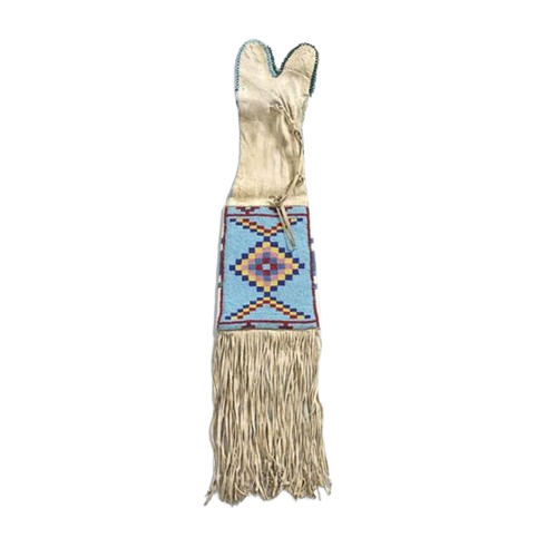 Traditional Native American regalia with a colorful pattern and fringes on a white background