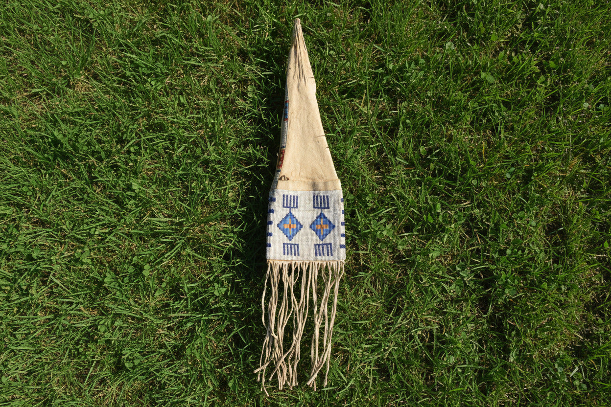 Decorative pipe bag with beads and fringes on a white background