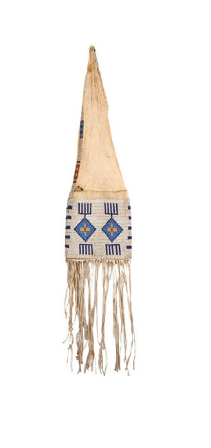 Decorative pipe bag with beads and fringes on a white background