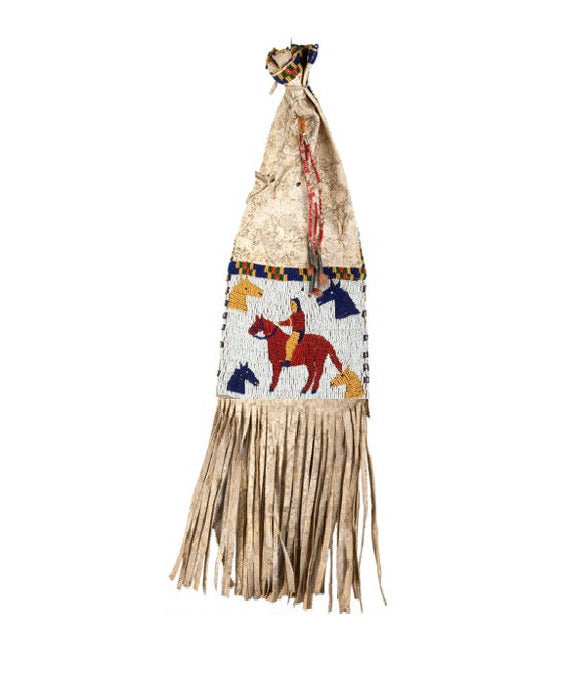 Decorative bag with horse designs and fringes on a white background