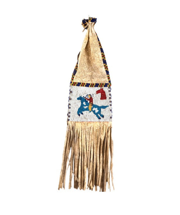 Decorative hanging item with fringe and colorful patterns on a white background