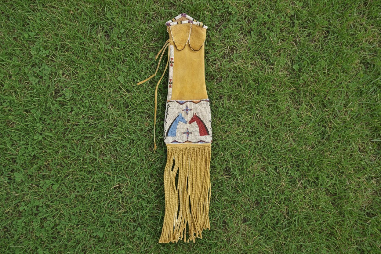 Decorative bag with fringes and beadwork on a white background