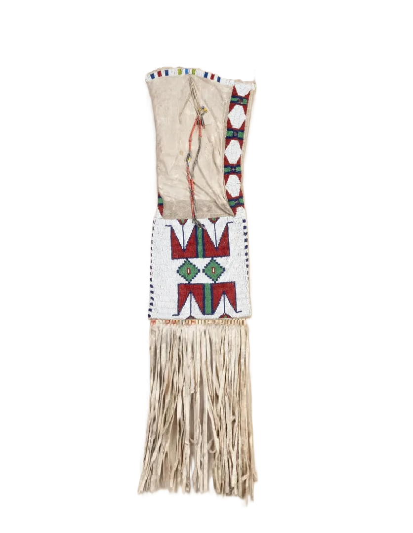 Decorative bag with geometric patterns and fringes on a white background