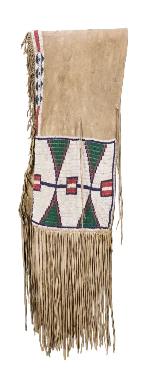 Native American-style saddle bag with beadwork and fringes on a white background