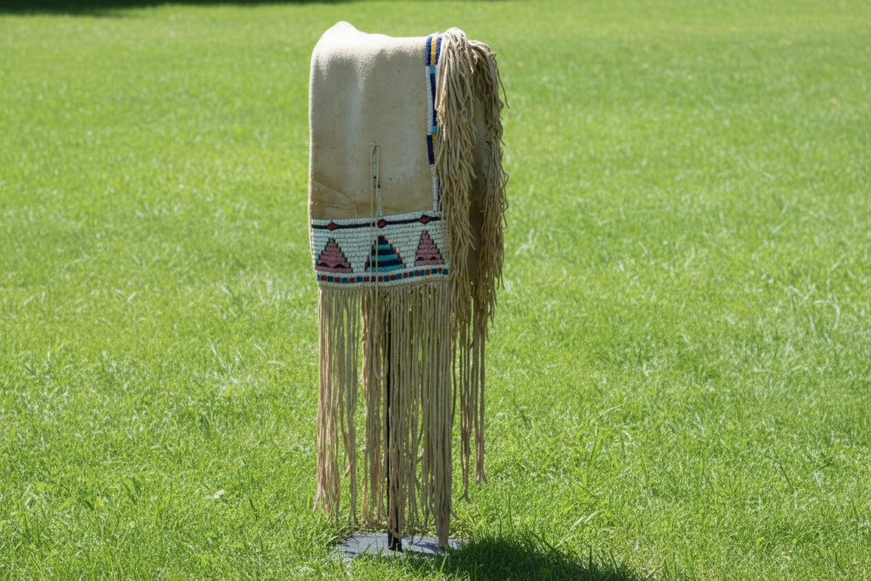 Native American-style saddle bag with fringes and beadwork on a white background