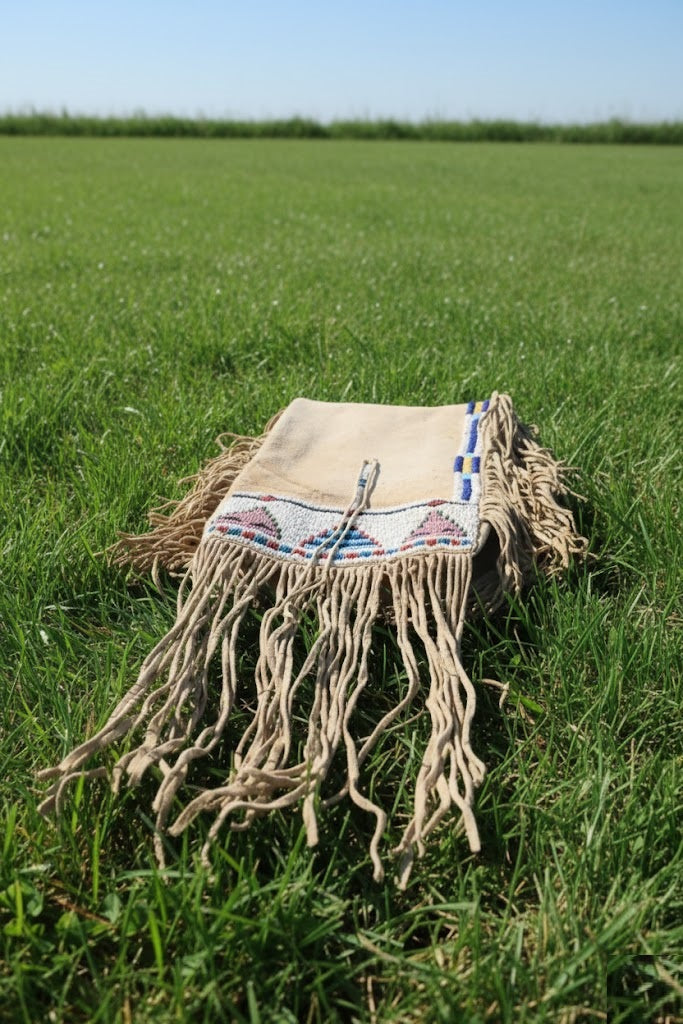 Beige bag with fringe and colorful pattern on a grassy field