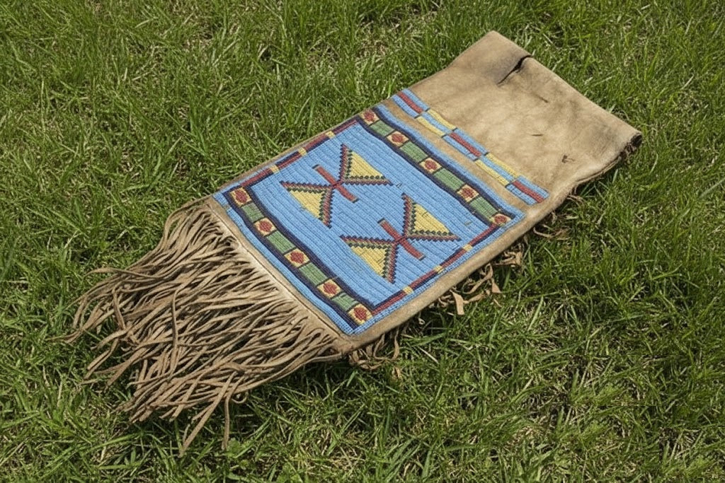 Saddle Bag with geometric patterns and fringes on grass