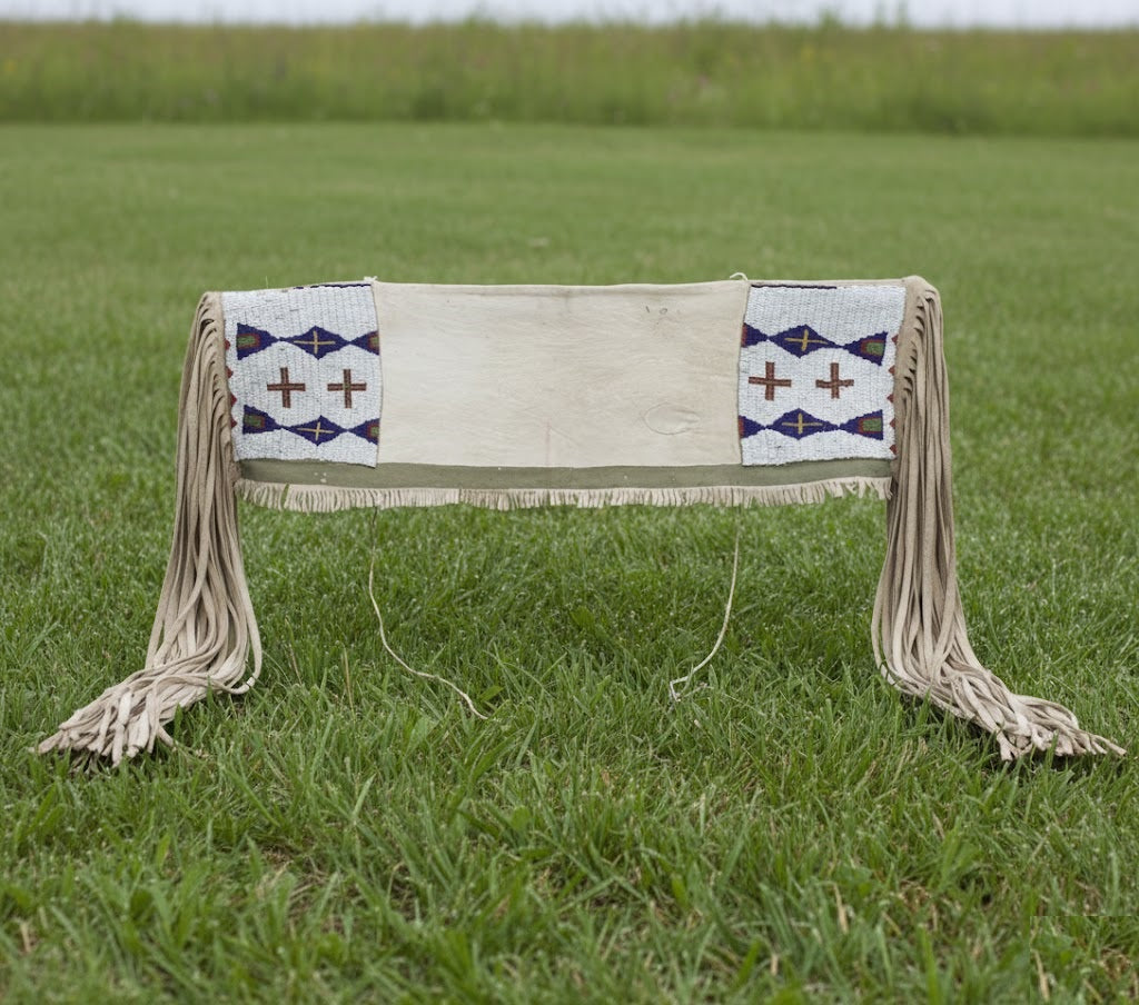 Decorative Bag with geometric patterns and fringes on a grassy field