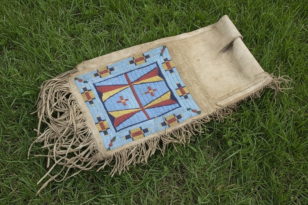 Textile with geometric pattern and fringes on grass