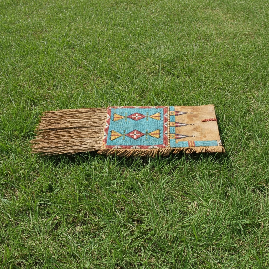 Traditional Saddle Bag with decorative design on grass