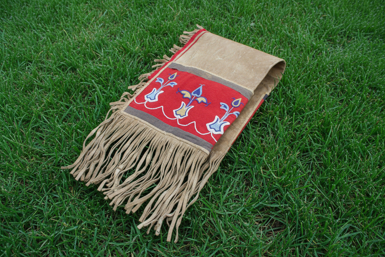 Traditional Native American style saddle bag blanket with fringe and intricate patterns on a white background